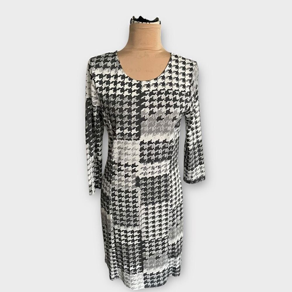 Vintage Venus Women’s Medium Grey Print Viscose Midi Dress Scoop Neck Workwear